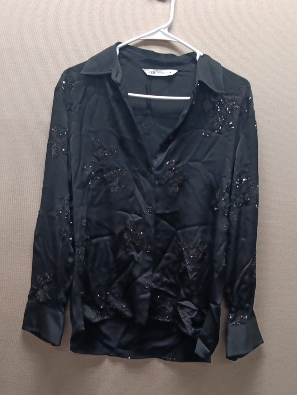 Zara Black Sequin Floral Button-Down Shirt